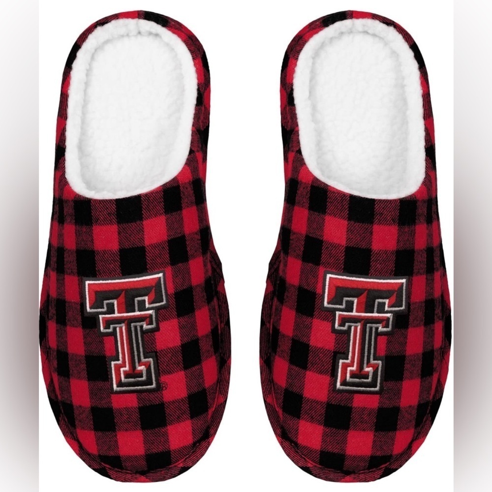 NEW- FOCO Men's NCAA Texas Tech Sherpa Lined Buffalo Check Memory Foam Slippers